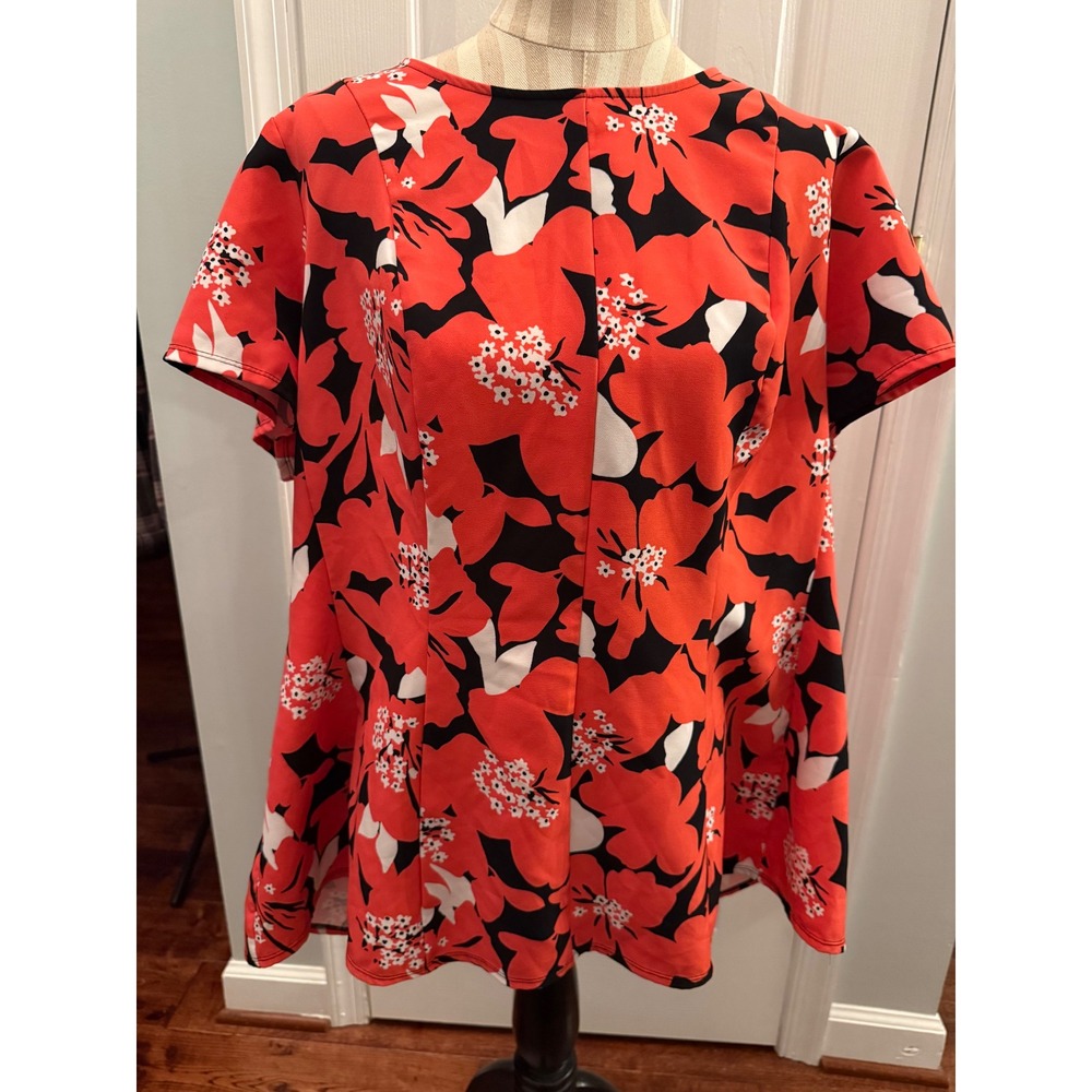 Lane Bryant Red Floral Peplum Blouse Womens Size 20 Short Sleeve Zip Back Top